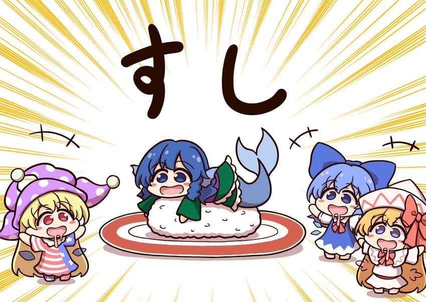 cirno, clownpiece, wakasagihime, and lily white (touhou) drawn by shitacemayo