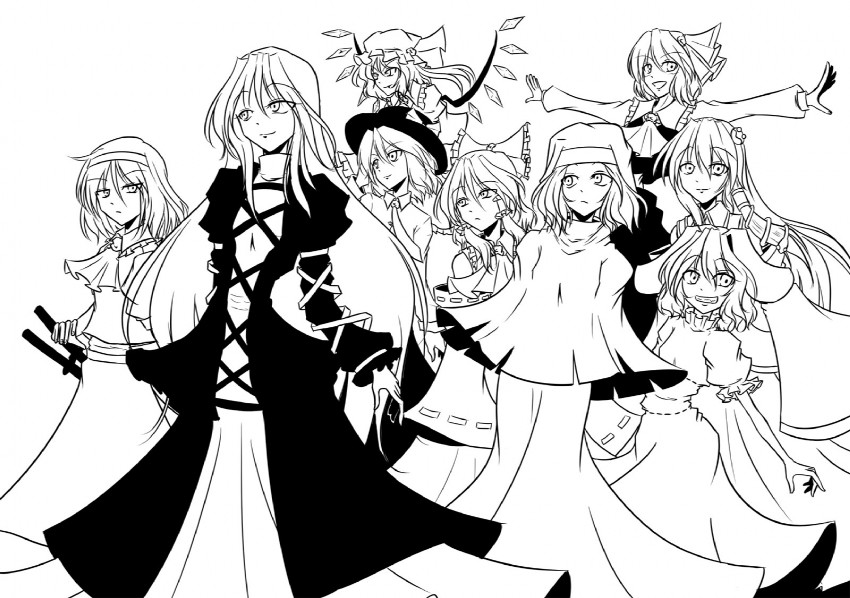 hakurei reimu, flandre scarlet, kochiya sanae, konpaku youmu, rumia, and 4 more (touhou) drawn by shirei
