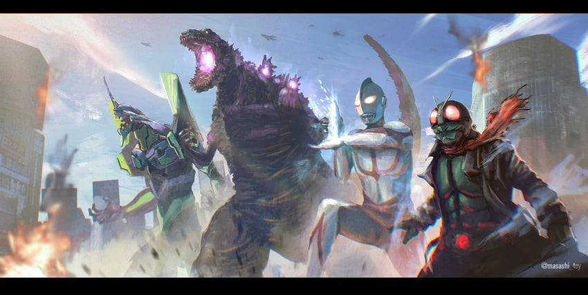 godzilla, eva 01, kamen rider 1, and ultraman (neon genesis evangelion and 9 more) drawn by masashi_toy