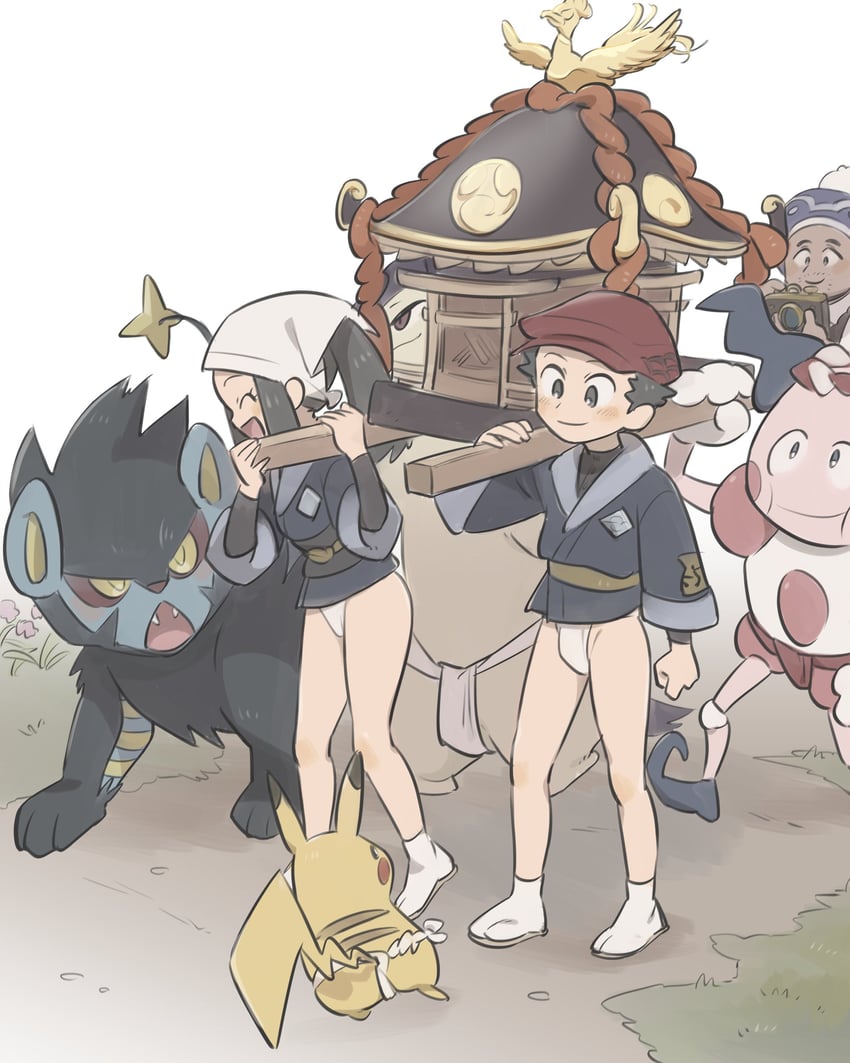 pikachu, akari, irida, ho-oh, luxray, and 3 more (pokemon and 1 more) drawn by kinni