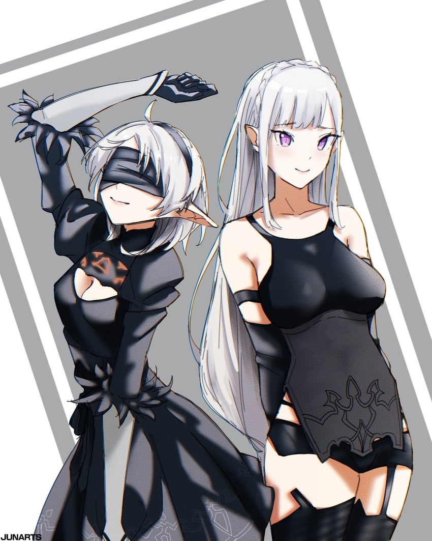2b, emilia, a2, and sylphiette (re:zero kara hajimeru isekai seikatsu and 3 more) drawn by junarts