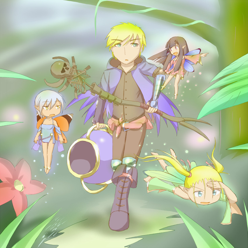 yellow homunculus, red homunculus, protagonist, and blue homunculus (wizmans world) drawn by hazakurou