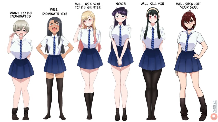 yor briar, kitagawa marin, ayase momo, komi shouko, nagatoro hayase, and 1 more (spy x family and 5 more) drawn by dismaiden
