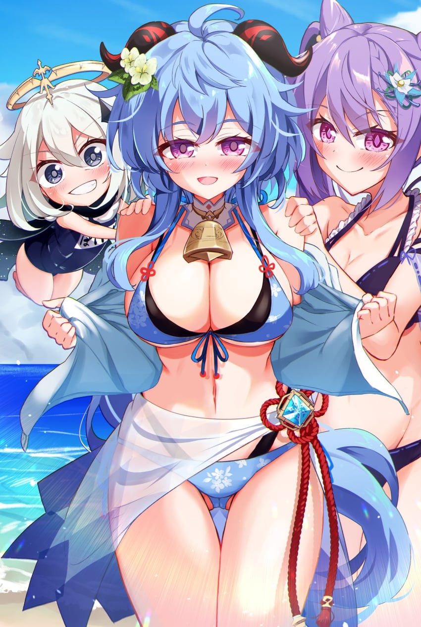 ganyu, keqing, and paimon (genshin impact) drawn by mikage_(shibi)