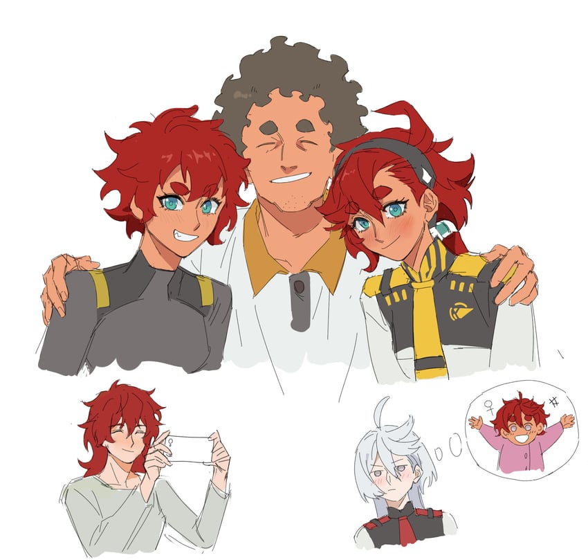 suletta mercury, miorine rembran, ericht samaya, elnora samaya, and nadim samaya (gundam and 1 more) drawn by chiliangtu