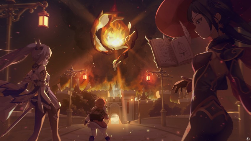 mona, keqing, klee, dodoco, and eye of the storm (genshin impact) drawn by magica