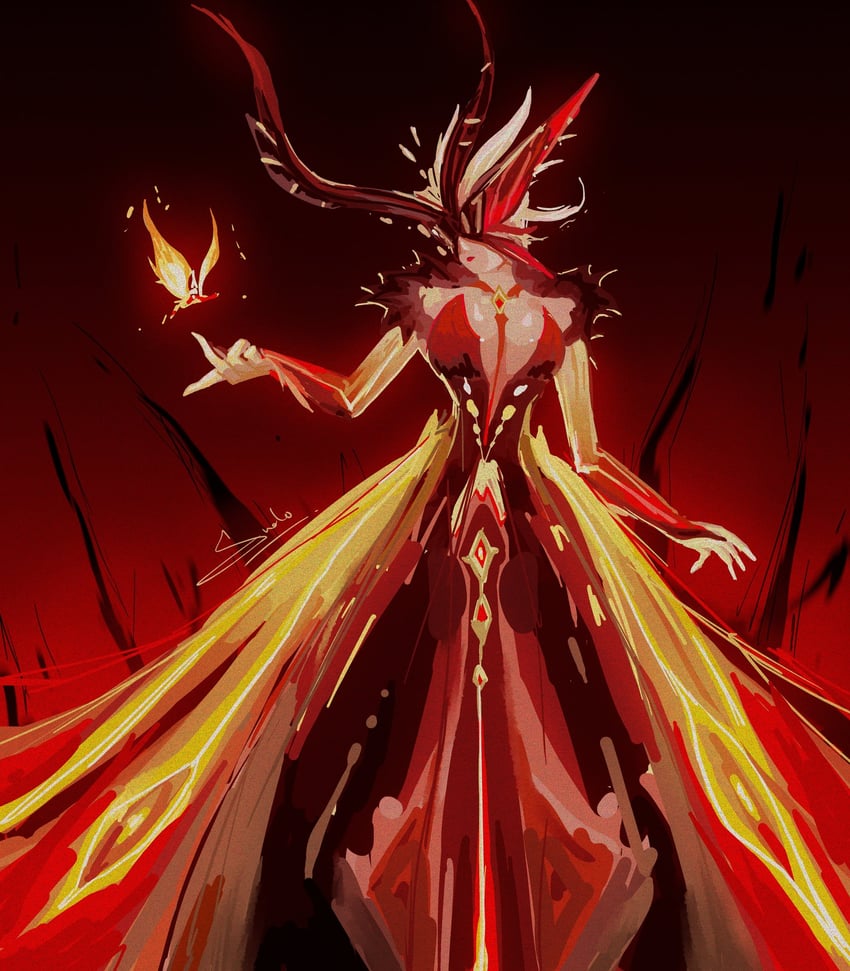 crimson lotus moth and signora (genshin impact) drawn by sk_sudo