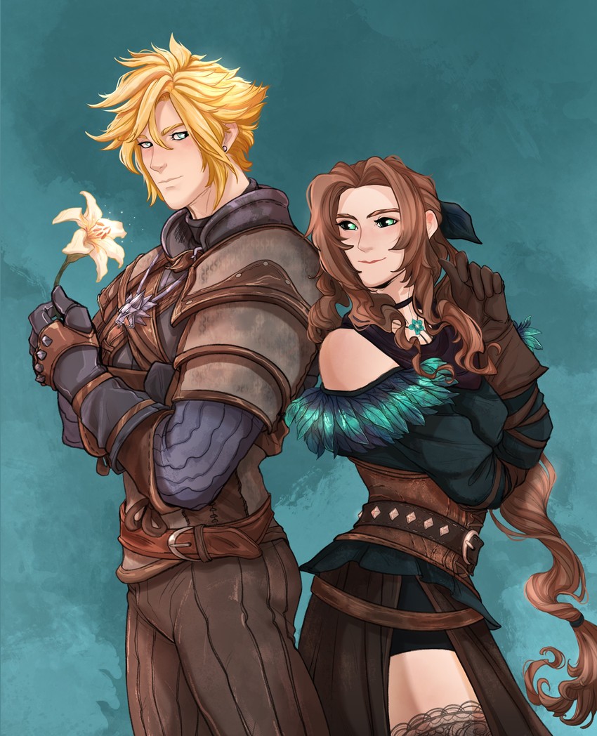 cloud strife, aerith gainsborough, geralt of rivia, and yennefer of vengerberg (final fantasy and 2 more) drawn by khijenn