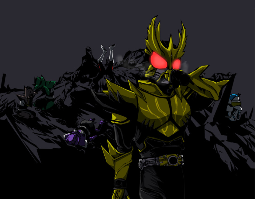 kamen rider kuuga, kamen rider den-o, kamen rider ouja, kamen rider ixa, kamen rider kick hopper, and 1 more (kamen rider and 5 more) drawn by jinta