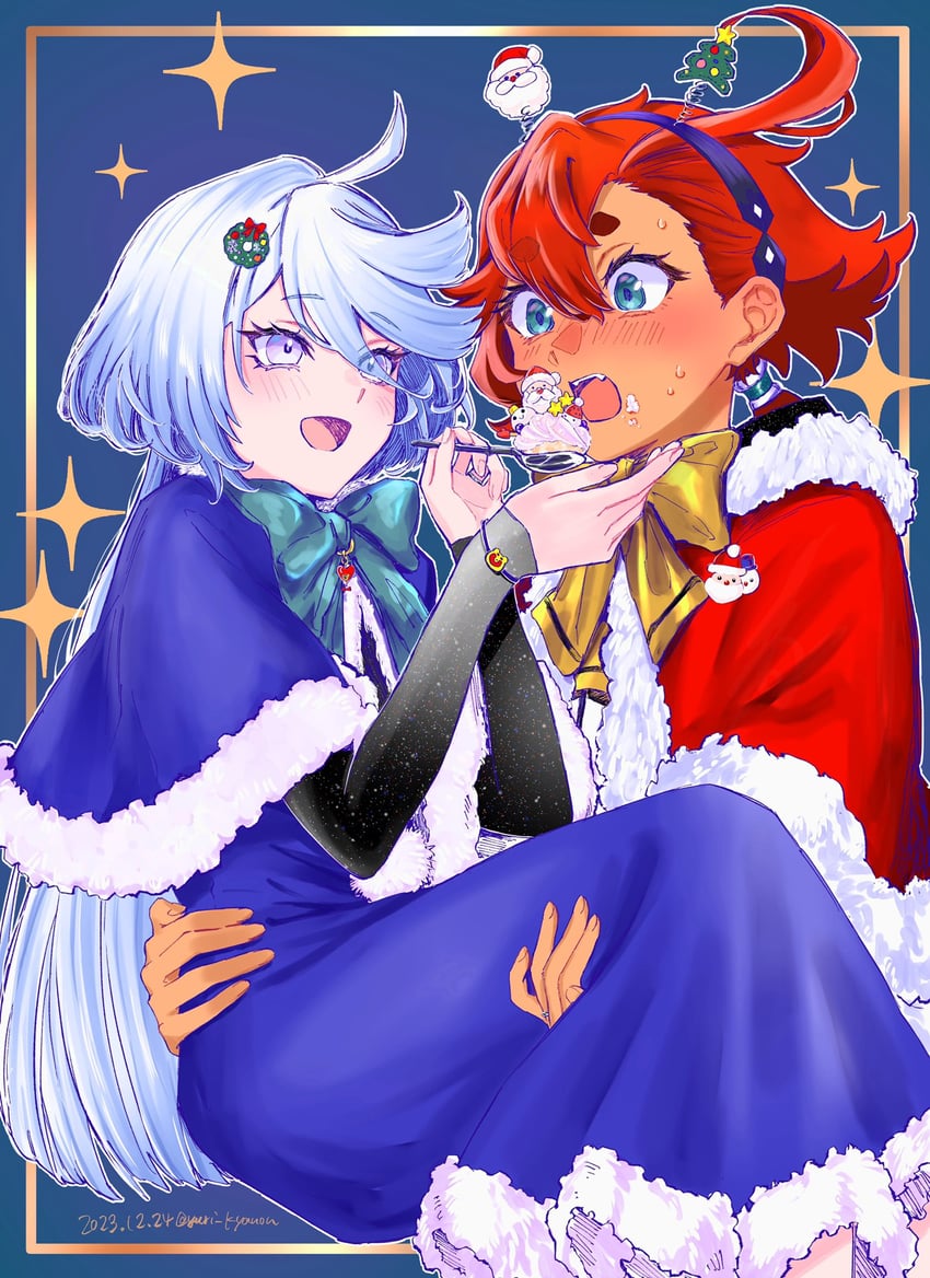 suletta mercury, miorine rembran, and santa claus (gundam and 1 more) drawn by yuri_kyanon