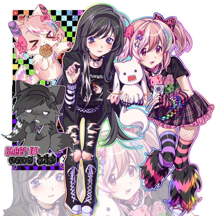 akemi homura, kaname madoka, kyubey, gloomy bear, and domo-kun (mahou shoujo madoka magica and 4 more) drawn by kuro_miumu