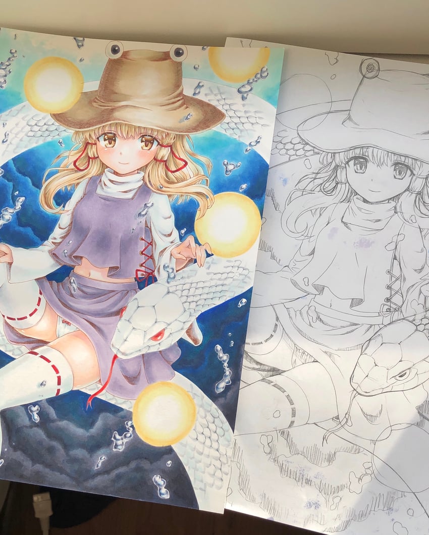 moriya suwako, pyonta, and mishaguji (touhou) drawn by mikeko_(user_zntg7852)