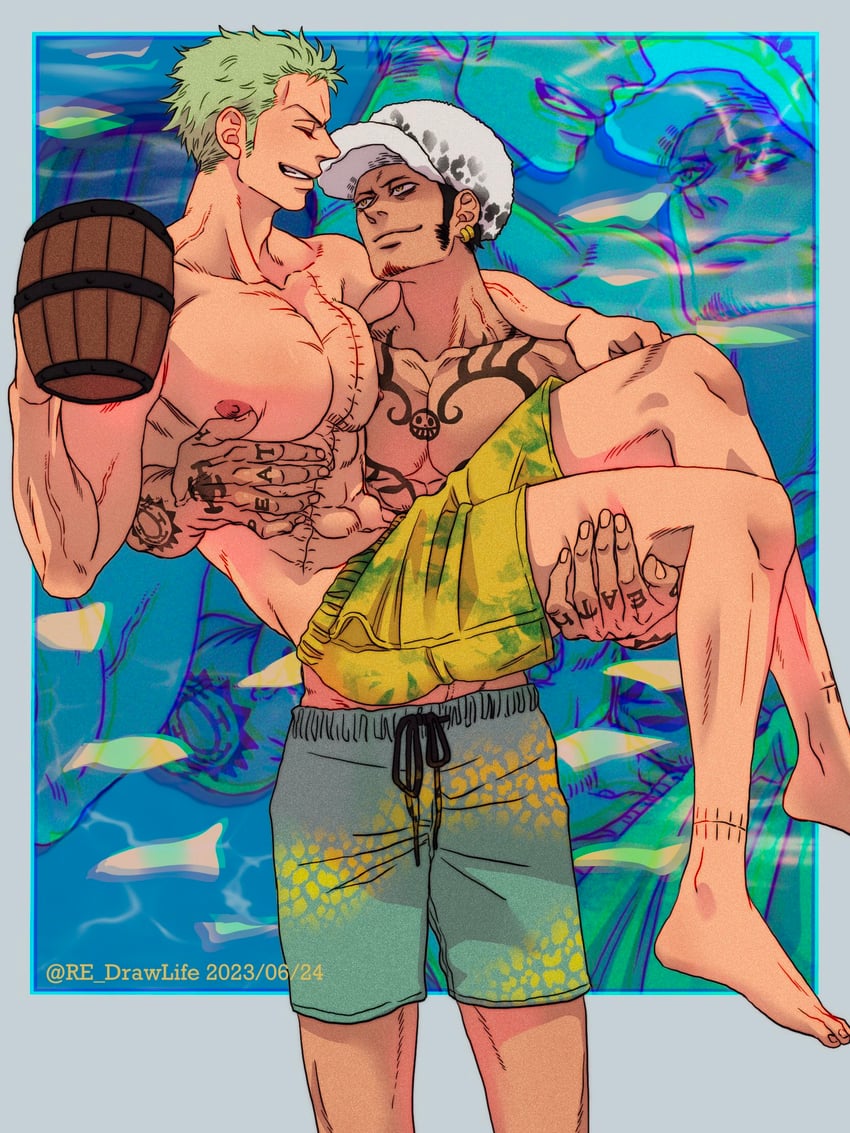 roronoa zoro and trafalgar law (one piece) drawn by re_drawlife