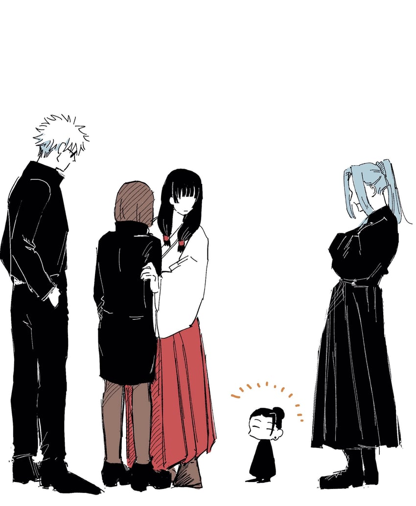 gojou satoru, getou suguru, ieiri shoko, mei mei, and iori utahime (jujutsu kaisen) drawn by keitou_jjt