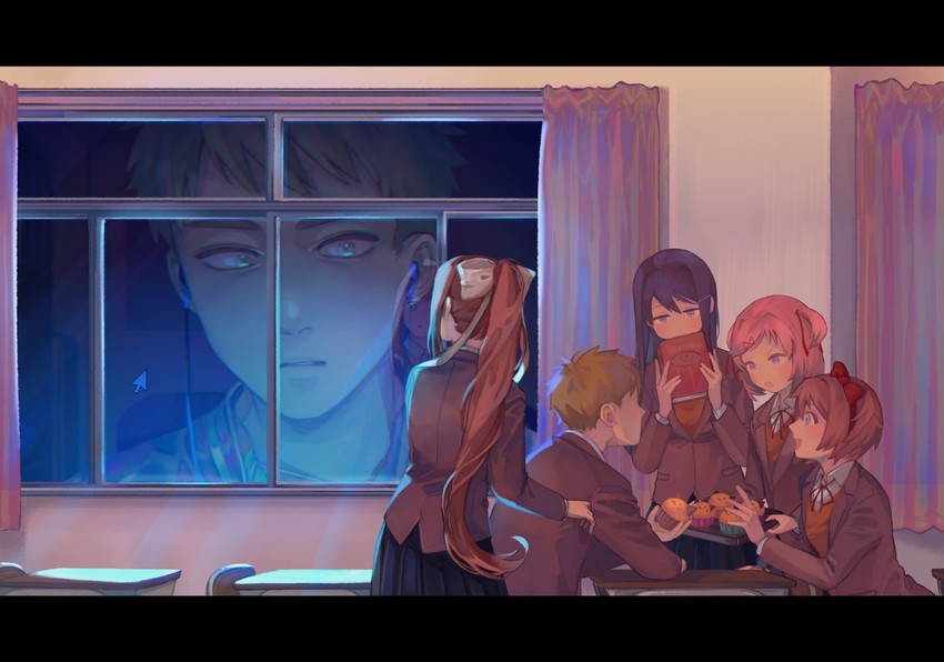 monika, natsuki, yuri, sayori, and protagonist (doki doki literature club) drawn by hitsuji123_zzz