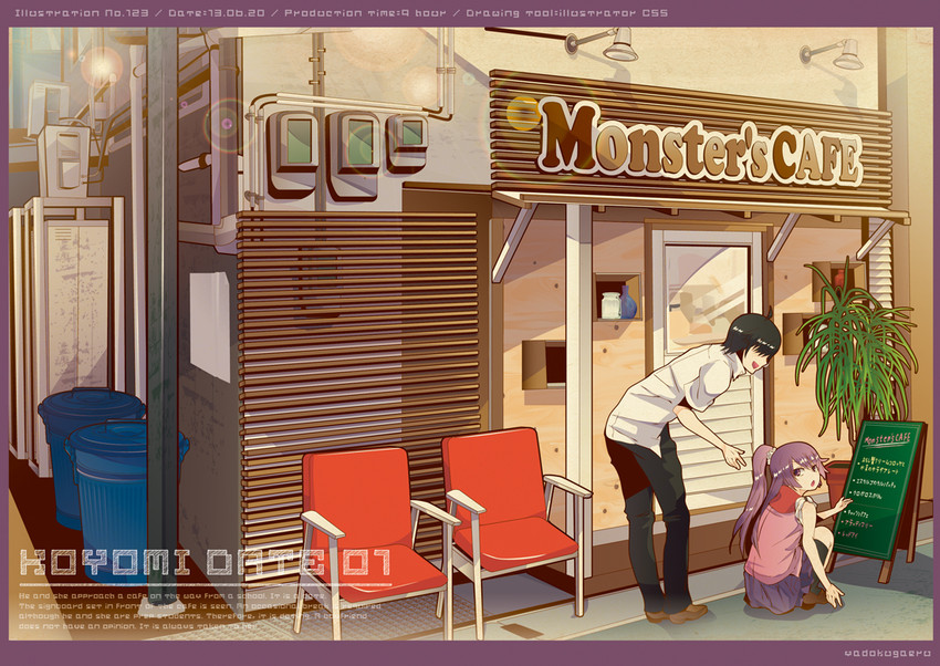 senjougahara hitagi and araragi koyomi (monogatari and 1 more) drawn by yadokugaeru