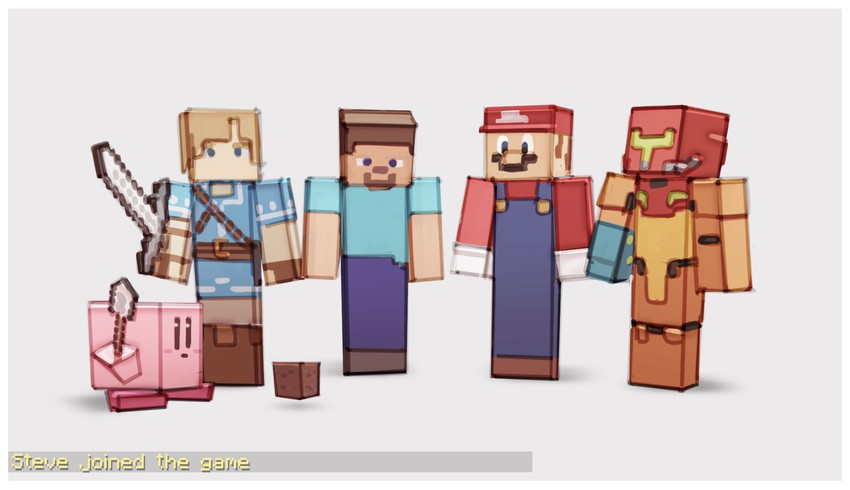 link, kirby, samus aran, mario, and steve (the legend of zelda and 6 more) drawn by nin_nakajima
