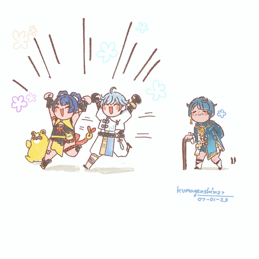 xingqiu, chongyun, xiangling, and guoba (genshin impact) drawn by kumagenshin27