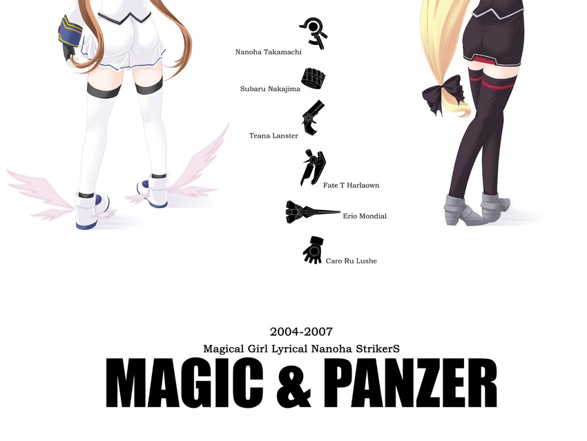 fate testarossa, takamachi nanoha, raising heart, revolver knuckle, bardiche, and 3 more (lyrical nanoha and 1 more) drawn by frapowa