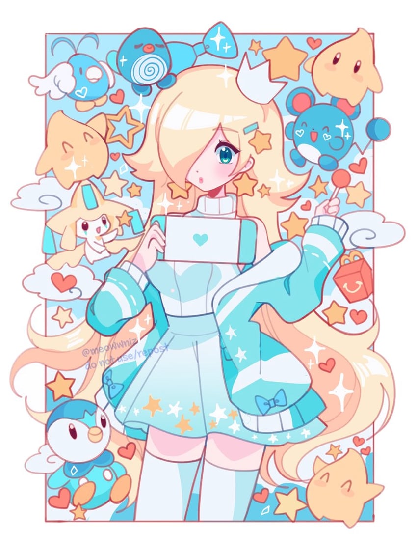 rosalina, piplup, jirachi, luma, marill, and 2 more (pokemon and 2 more) drawn by meowwniz