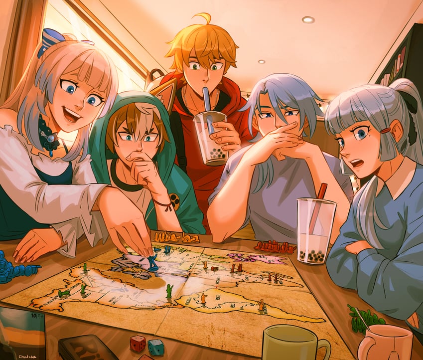 kamisato ayaka, sangonomiya kokomi, kamisato ayato, thoma, and gorou (genshin impact) drawn by chalseu