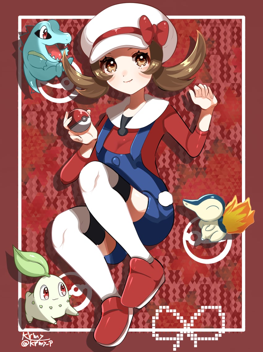 lyra, cyndaquil, chikorita, and totodile (pokemon and 1 more) drawn by kurumiya_(krmy_p)