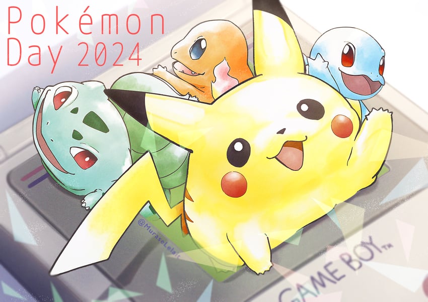 pikachu, bulbasaur, squirtle, and charmander (pokemon) drawn by murase_(muraselelait)