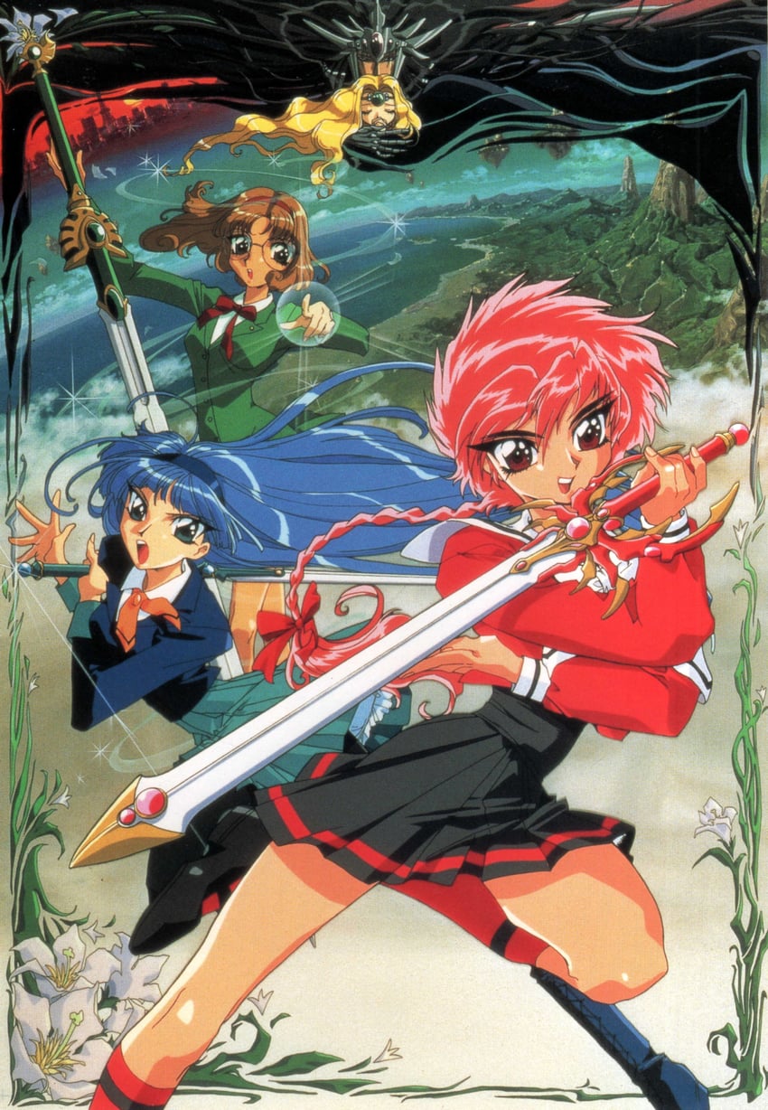 shidou hikaru, ryuuzaki umi, hououji fuu, emeraude, and zagato (magic knight rayearth) drawn by ishida_atsuko