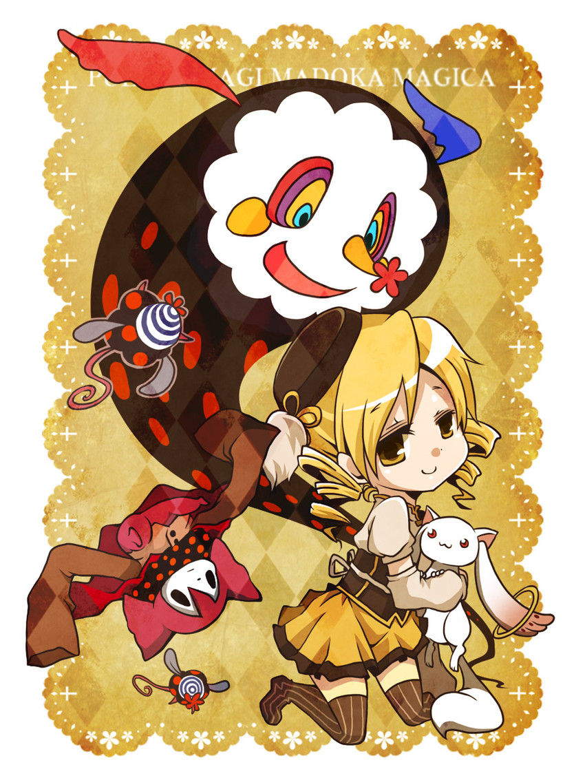 tomoe mami, kyubey, charlotte, and pyotr (mahou shoujo madoka magica) drawn by yucco_kxoxc