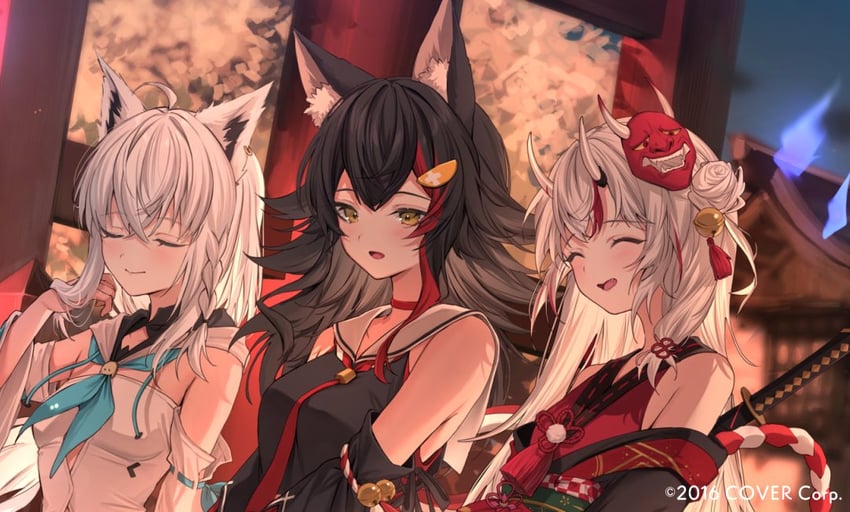 shirakami fubuki, ookami mio, nakiri ayame, shiranui, and karma (hololive) drawn by harui_(hr_x9_)