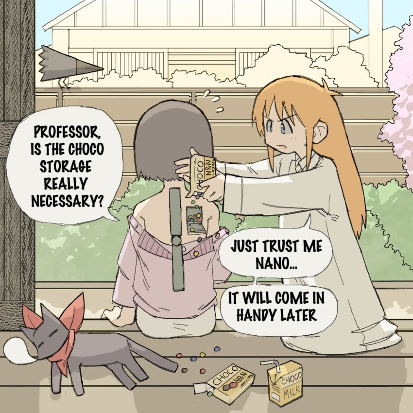shinonome nano, professor shinonome, sakamoto, and crow (nichijou) drawn by pantsu-ripper