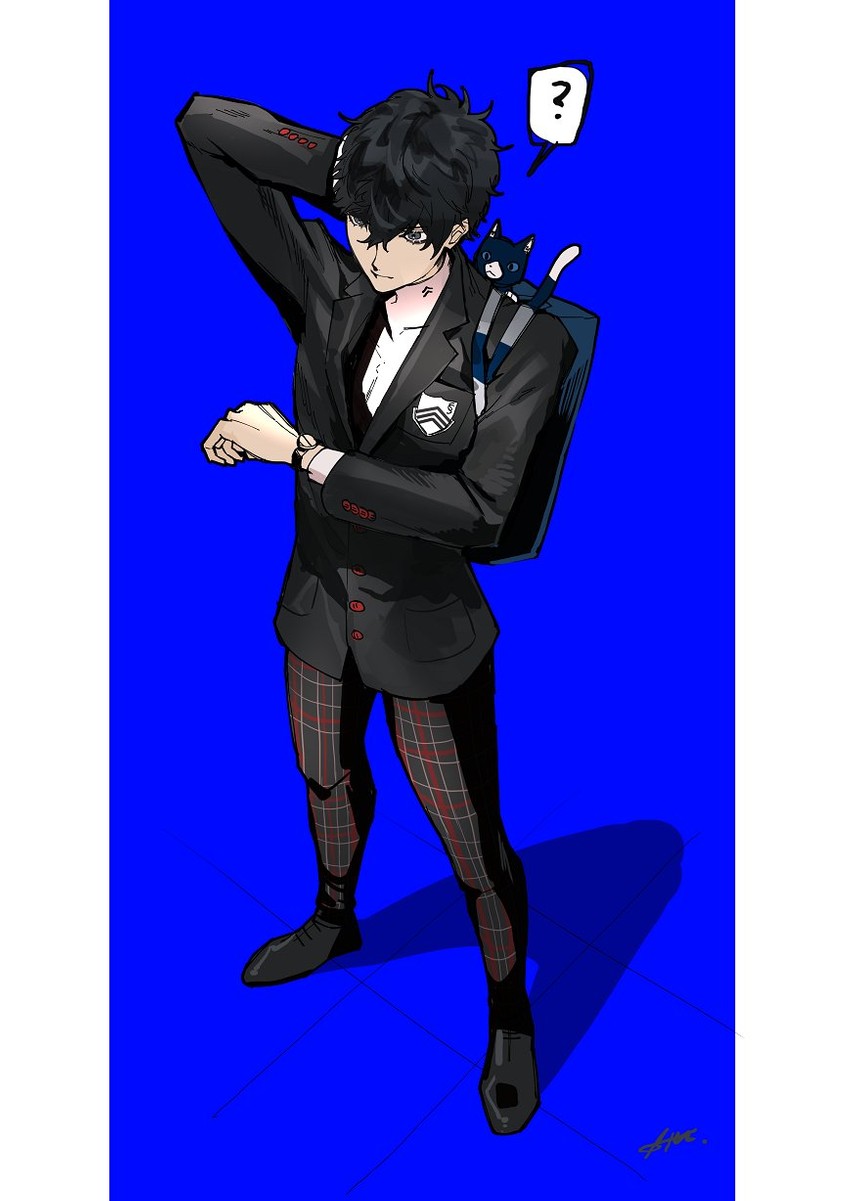amamiya ren and morgana (persona and 1 more) drawn by btmr_game