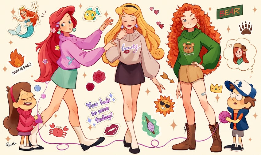 ariel, mabel pines, dipper pines, aurora, wendy corduroy, and 1 more (gravity falls and 4 more) drawn by melchencanto