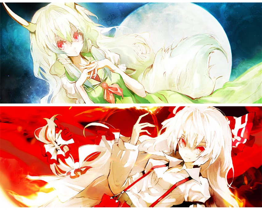 fujiwara no mokou, kamishirasawa keine, and ex-keine (touhou) drawn by banpai_akira