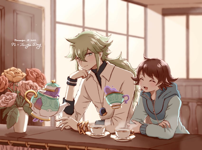 hilbert, n, polteageist, and sinistea (pokemon and 1 more) drawn by shippo_(sbnk4po)