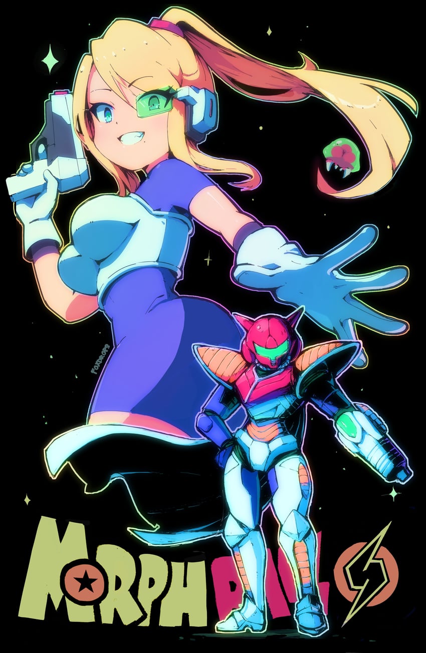 samus aran, metroid, metroid larva, and cheelai (dragon ball and 2 more) drawn by foxdropsdraws