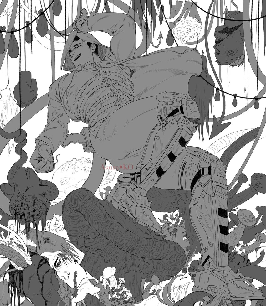shin, aikawa, caiman, kai, en, and 2 more (dorohedoro) drawn by asura_ko