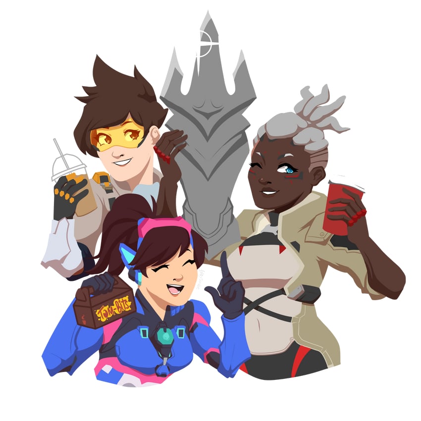 d.va, tracer, and sojourn (overwatch and 2 more) drawn by frogsmiie