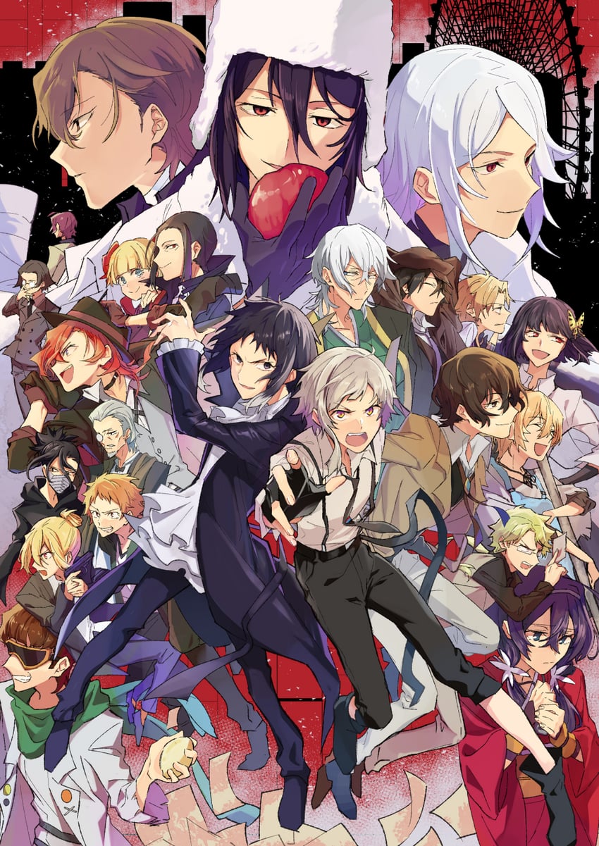 dazai osamu, nakahara chuuya, nakajima atsushi, akutagawa ryuunosuke, izumi kyouka, and 17 more (bungou stray dogs) drawn by masaka888