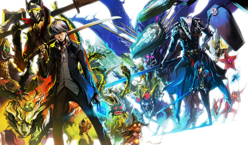 narukami yu, yuuki makoto, jack frost, thanatos, izanagi, and 17 more (persona and 2 more) drawn by kopa