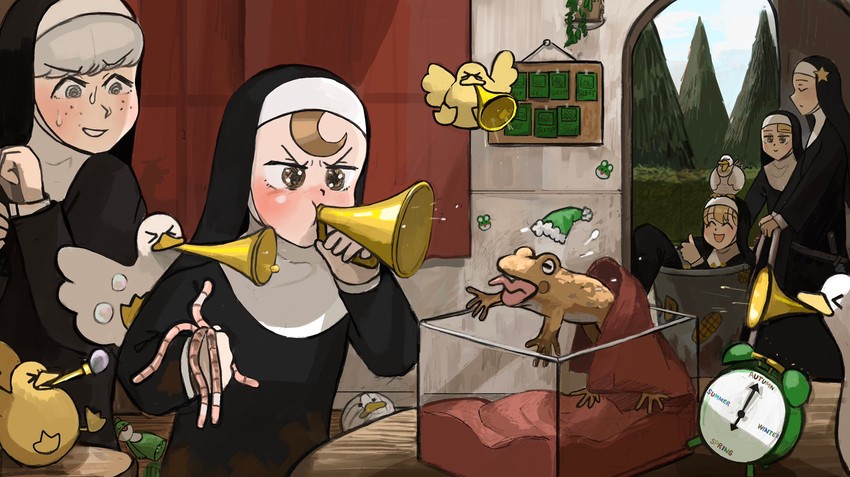 clumsy nun, froggy nun, spicy nun, sheep nun, and star nun (little nuns) drawn by diva_(hyxpk)
