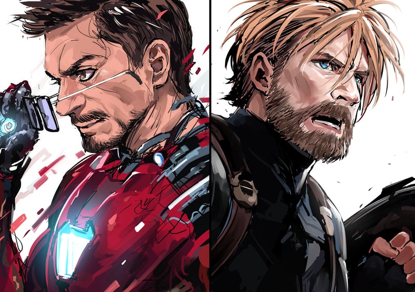steve rogers, captain america, tony stark, iron man, robert downey jr., and 1 more (marvel and 5 more) drawn by ikuchan_kaoru