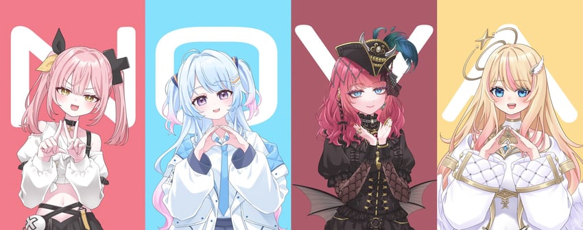 okamoto nagi, yutori peke, akatsuki hotaru, and hestia happiness (vshojo) drawn by nekoyanagi_reo