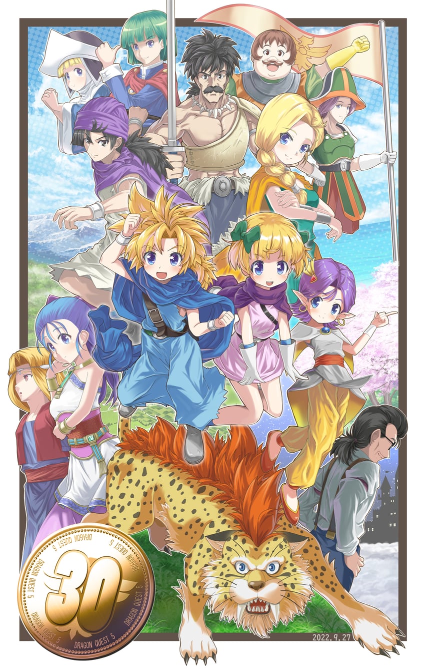 hero, hero's daughter, flora, hero's son, borongo, and 9 more (dragon quest and 1 more) drawn by naox