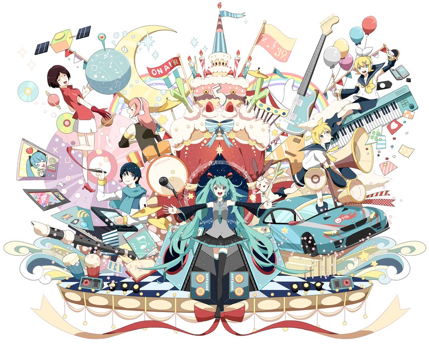 hatsune miku, kagamine rin, kagamine len, megurine luka, kaito, and 1 more (vocaloid) drawn by chamooi