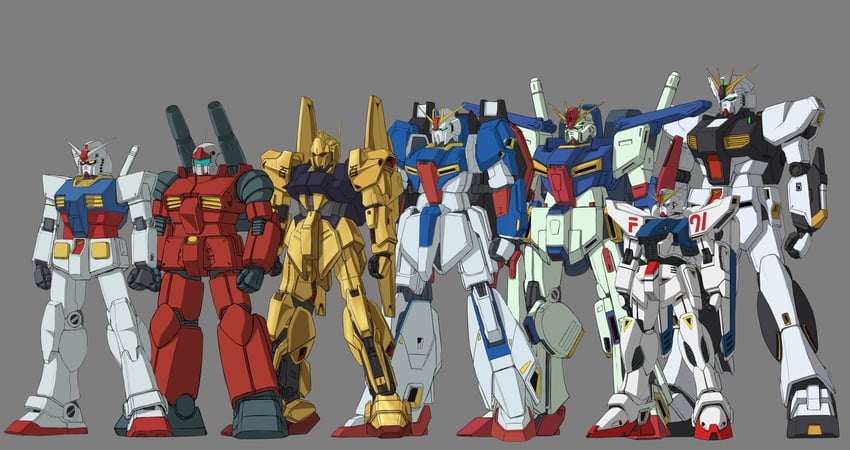 rx-78-2 gundam, zeta gundam, nu gundam, zz gundam, guncannon, and 2 more (gundam and 5 more) drawn by hiwa_industry