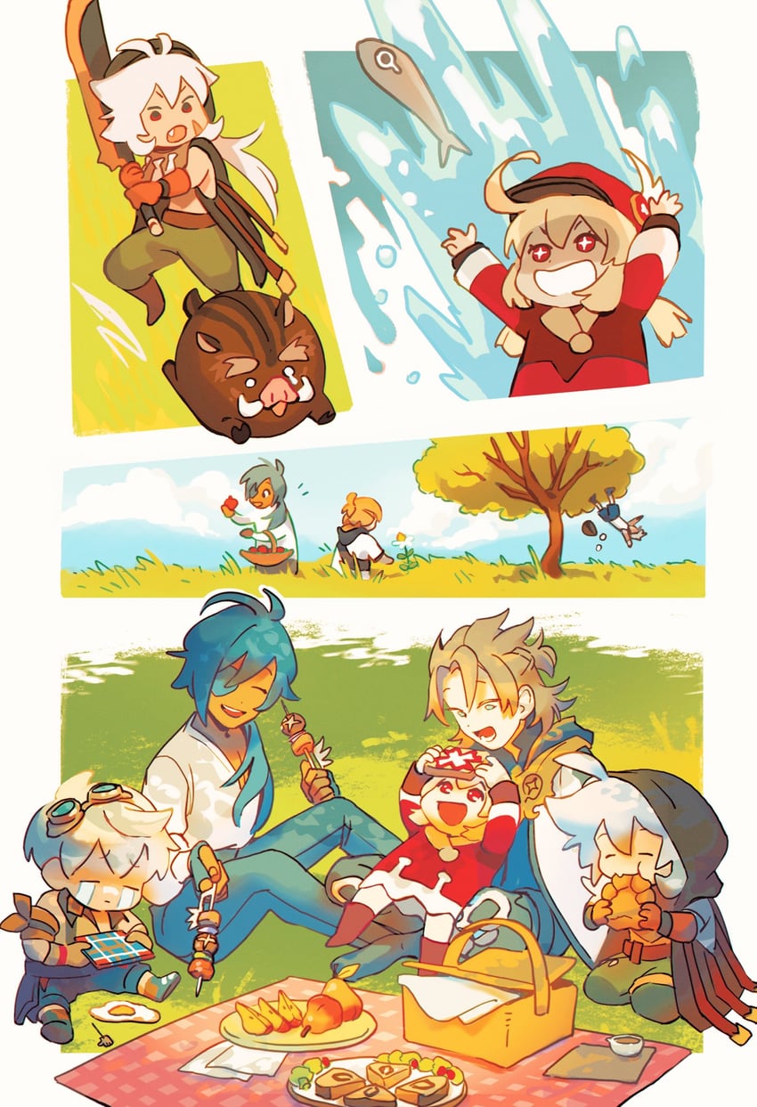 klee, kaeya, albedo, razor, and bennett (genshin impact) drawn by fenkko