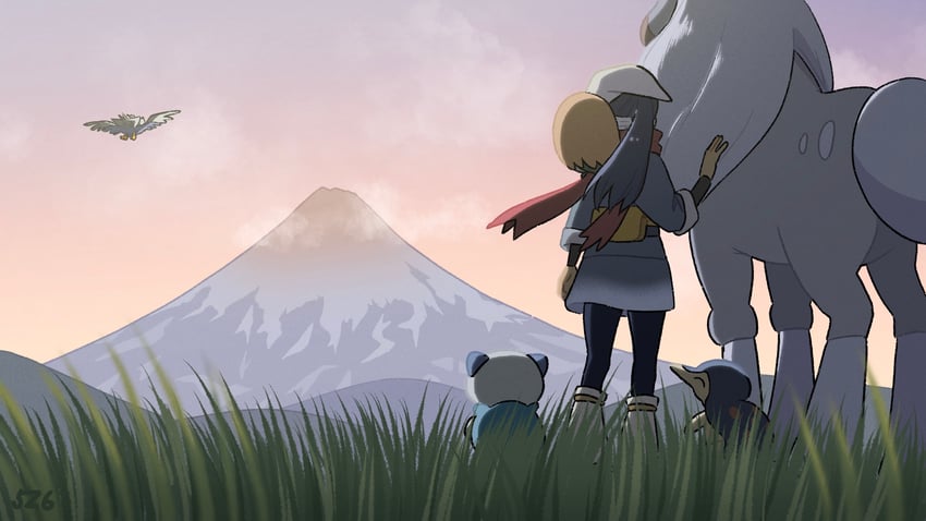 akari, rowlet, oshawott, cyndaquil, hisuian braviary, and 1 more (pokemon and 1 more) drawn by kojiro337