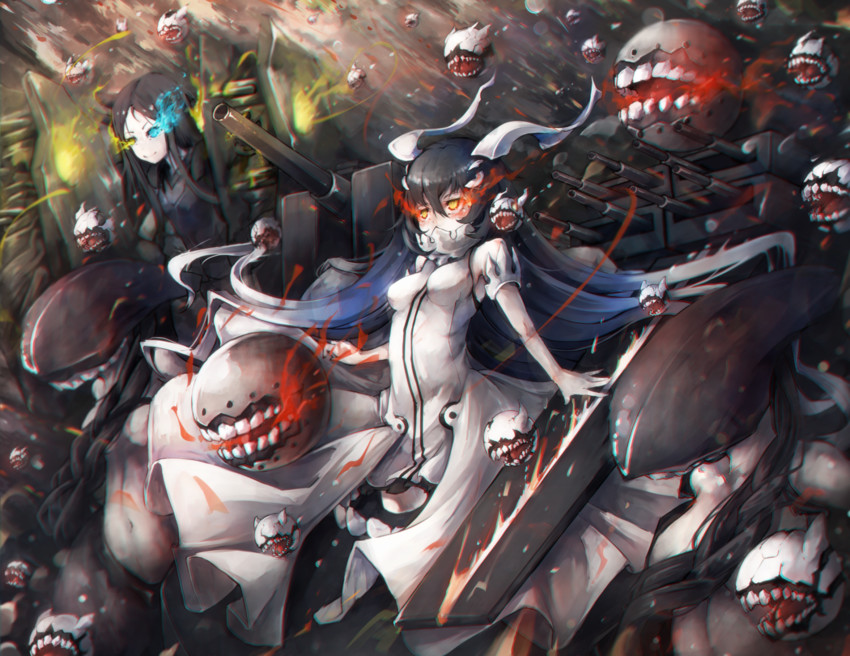 enemy aircraft, ru-class battleship, anchorage water oni, wa-class transport ship, and escort fortress (kantai collection) drawn by kajaneko