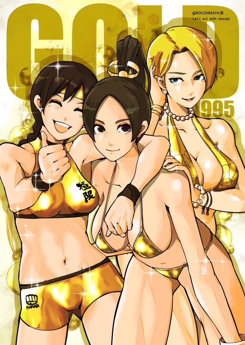 shiranui mai, yuri sakazaki, and king (the king of fighters and 2 more) drawn by rocohisaya